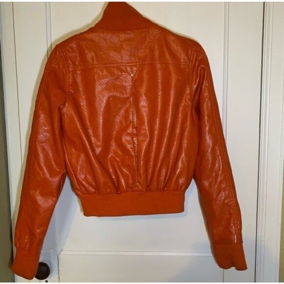 Orange Faux Leather Bomber Jacket Zip Front Multi-Pocket Moto Style Size M - Picture 4 of 8